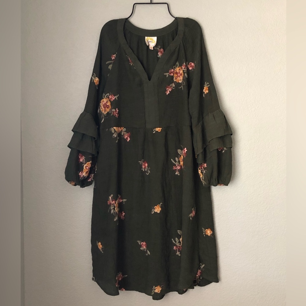 fig and flower for anthropology olive green embroidered dress women S